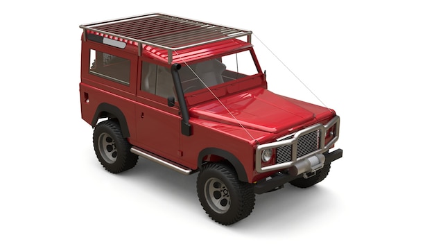 Vecchio piccolo SUV rosso messo a punto per percorsi e spedizioni difficili. rendering 3D.