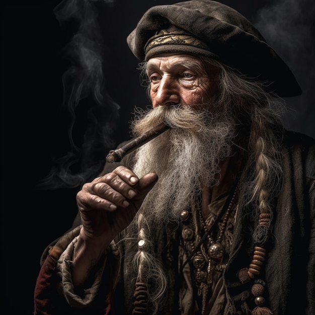 Vecchio pirata uomo molto anziano in abiti antichi con cappello che fuma una pipa vecchio zingaro da vicino