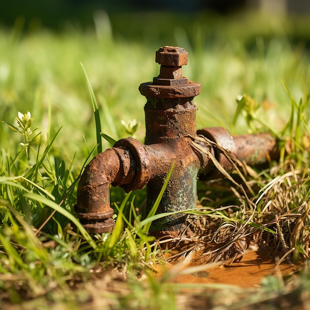 vecchio rubinetto d'acqua arrugginito con un'erba