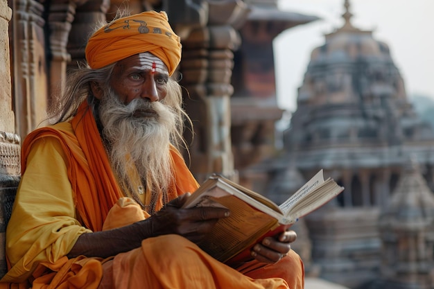 Vecchio santo indiano sadhu seduto e parlare testi sacri vicino al tempio