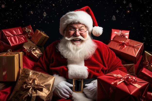 Vecchio senior tradizionale Babbo Natale intorno presenta caselle felice sorridente emozione grandangolo vista felice