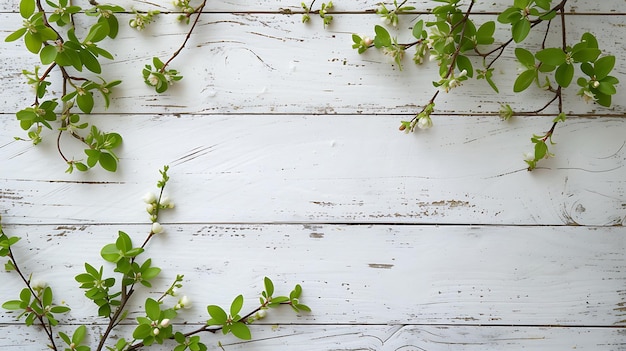 Vecchio sfondo di legno bianco con foglie verdi vista superiore spazio di copia ramoscelli primaverili su sfondo squallido telaio piatto