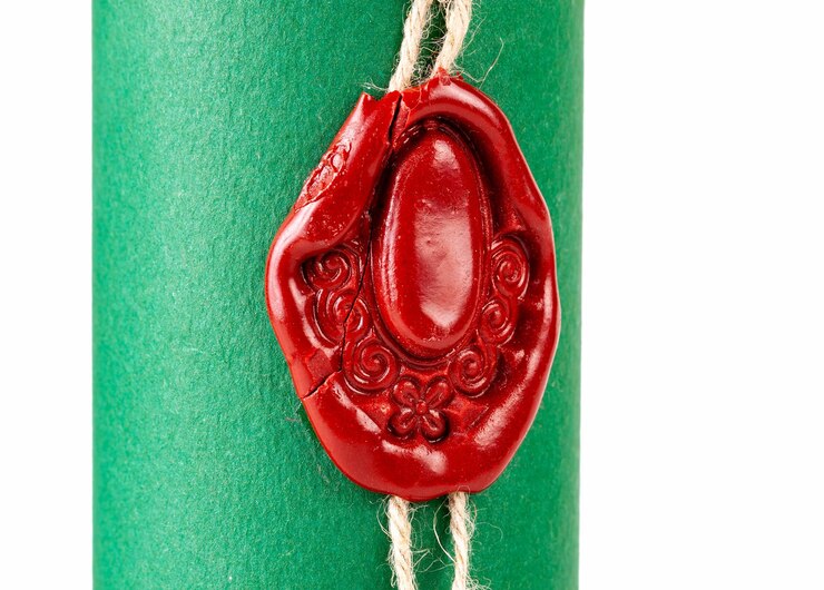Vecchio sigillo medievale di cera rossa impresso con un disegno ornato assicura una corda attorno a una pergamena strettamente arrotolata con vibrante carta verde oggetto macro dettaglio estremo primo piano concetto di simbolo di sigillo