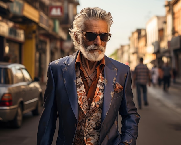 Vecchio signore che abbraccia lo stile in camicia e abito alla moda immagini attive di stile di vita degli anziani