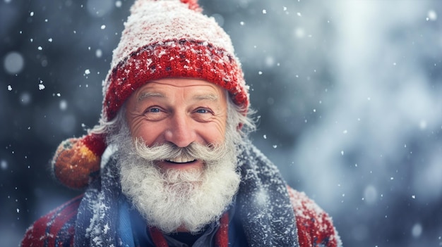 Vecchio sorridente con i vestiti d'inverno ritratto in tempo ghiacciato