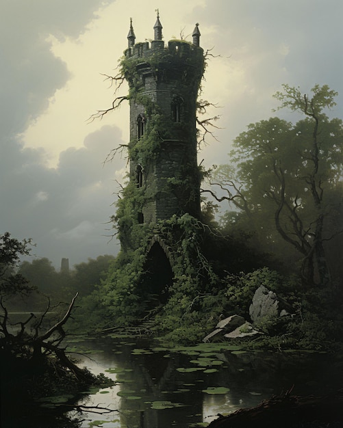 Vecchio stregone mistico torre medievale in palude gioco di ruolo e fantasia
