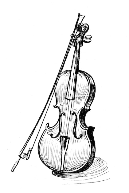 Vecchio strumento musicale violine. Disegno a inchiostro in bianco e nero