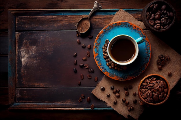 Vecchio tavolo da cucina con tazza di caffè e fagioli Vista dall'alto con copyspace per il testo