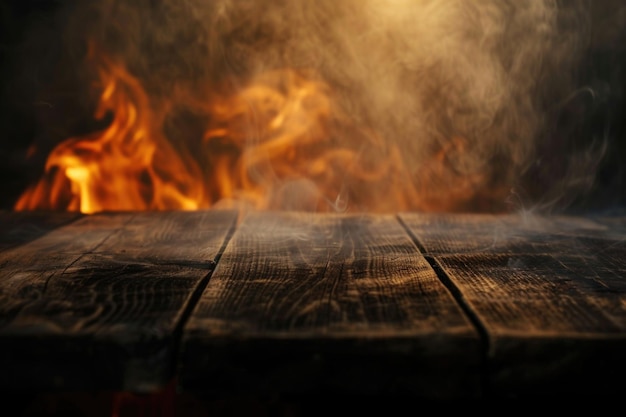 Vecchio tavolo di legno con effetto fiamma sullo sfondo scuro