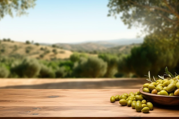 Vecchio tavolo di legno per l'esposizione di prodotti con oliveto verde naturale e olive verdi