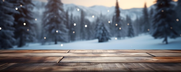 Vecchio tavolo di legno vuoto con tema invernale sullo sfondo