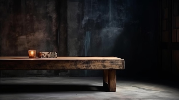 Vecchio tavolo in legno primo piano muro di cemento sfondo AI generato