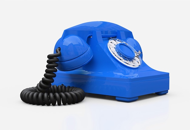 Vecchio telefono con linea blu su una superficie bianca