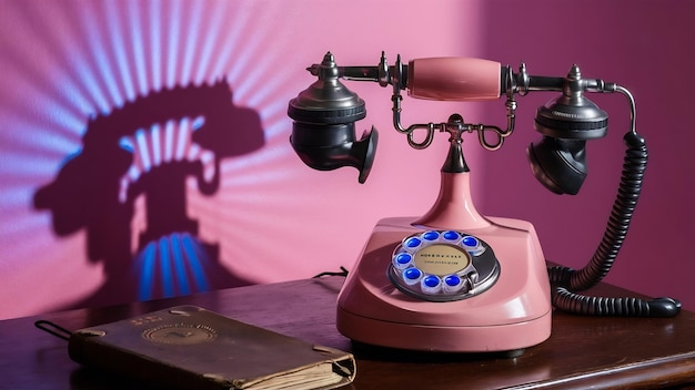 Vecchio telefono fisso con ricevitore con ombra di luce blu su sfondo rosa