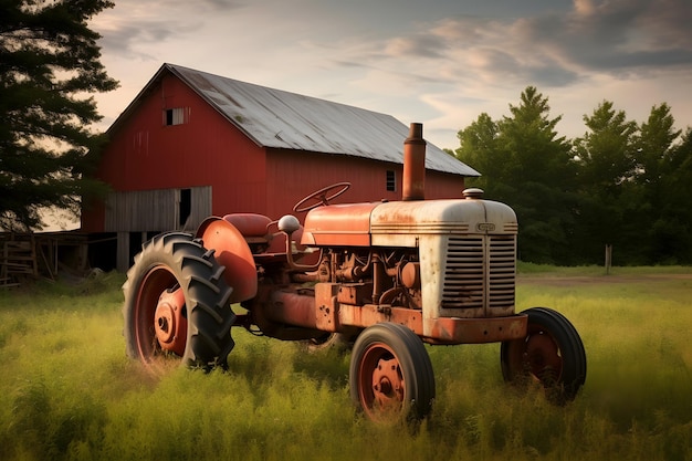 Vecchio trattore agricolo con fienile rosso sullo sfondo