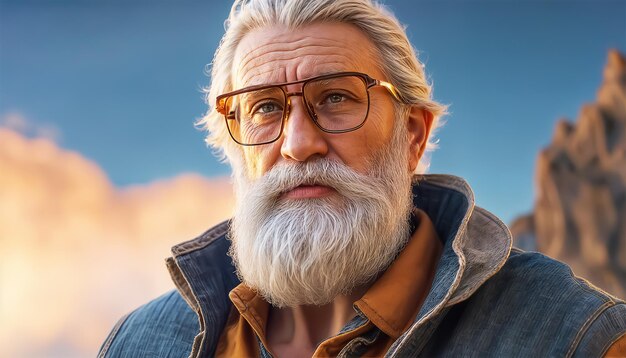 Vecchio Un anziano uomo caucasico con gli occhiali e la barba grigia al tramonto tra le montagne