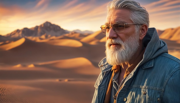 Vecchio Un anziano uomo caucasico con gli occhiali e la barba grigia tra le dune di sabbia al tramonto