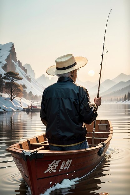 Vecchio uomo che pesca in una barca con case, alberi, foreste e montagne innevate sul fiume