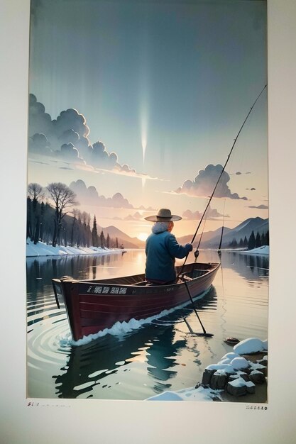 Vecchio uomo che pesca in una barca con case, alberi, foreste e montagne innevate sul fiume