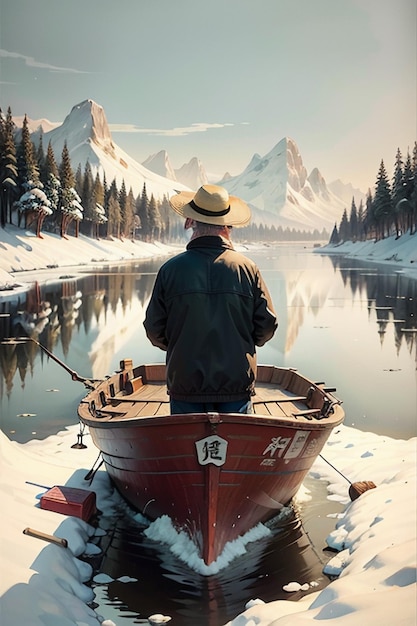 Vecchio uomo che pesca in una barca con case, alberi, foreste e montagne innevate sul fiume