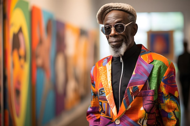 Vecchio uomo di colore che indossa abiti colorati vibranti davanti a opere d'arte colorate in una galleria L'arte