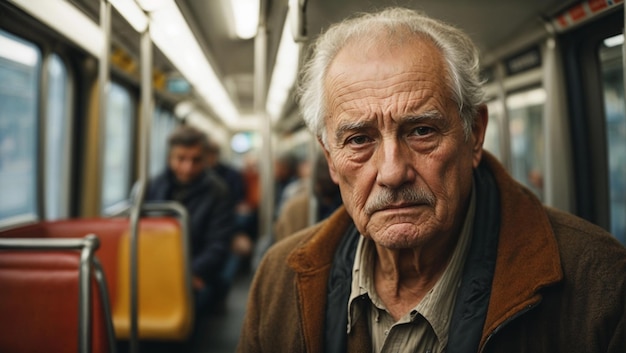 Vecchio uomo europeo triste nei trasporti pubblici