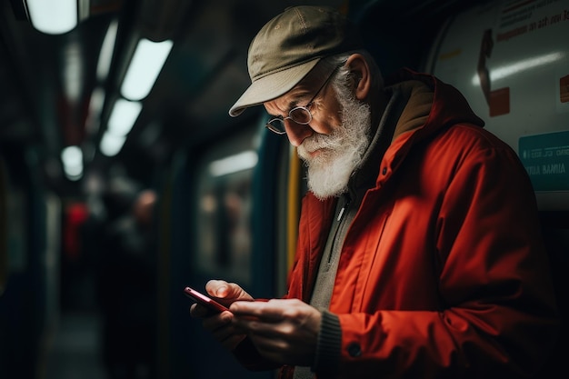 Vecchio uomo metropolitana di Londra visualizzare smartphone lavoro di viaggio generare Ai