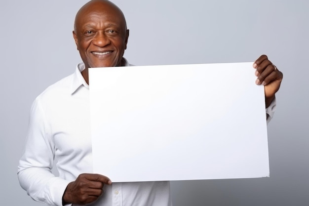 Vecchio uomo nero felice con un cartello bianco vuoto, ritratto di studio isolato