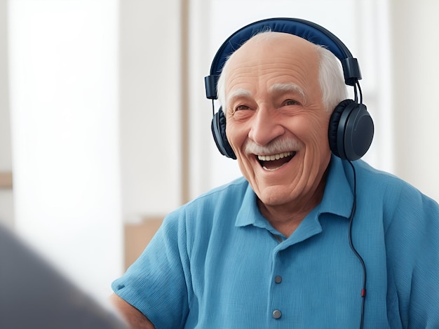 Vecchio uomo sorridente con le cuffie che ascolta musica