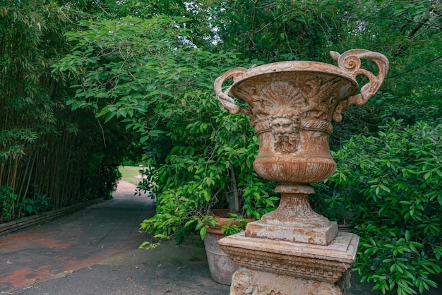 Vecchio vaso decorativo nel giardino accanto al bambù