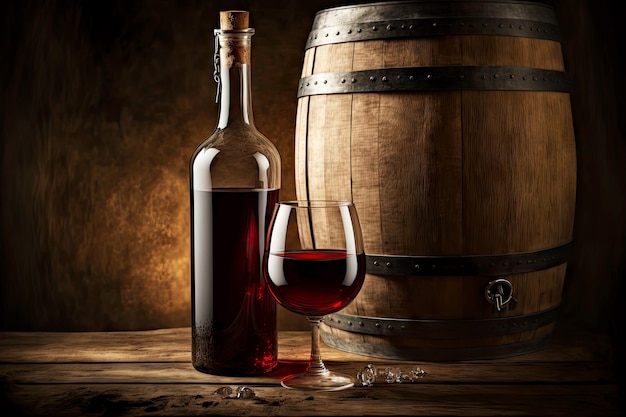 Vecchio vino rosso vintage in bottiglia e gl sullo sfondo della botte di vino