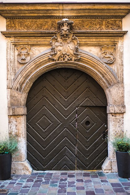 Vecchio vintage in legno con porta in metallo dell'europa classica