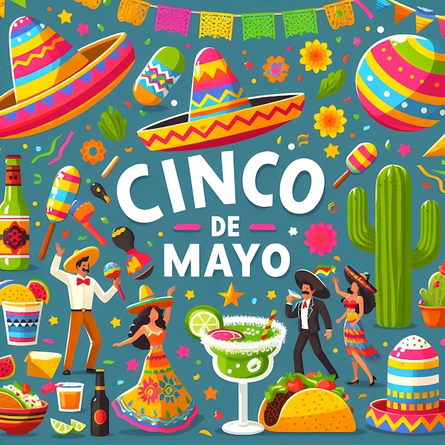 Vector de Mayo poster di una festa messicana messicana con un uomo e una donna in tutu e un drink