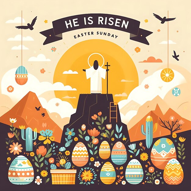 vector Domenica di Pasqua un poster di un uomo sta salendo sopra una montagna con le uova