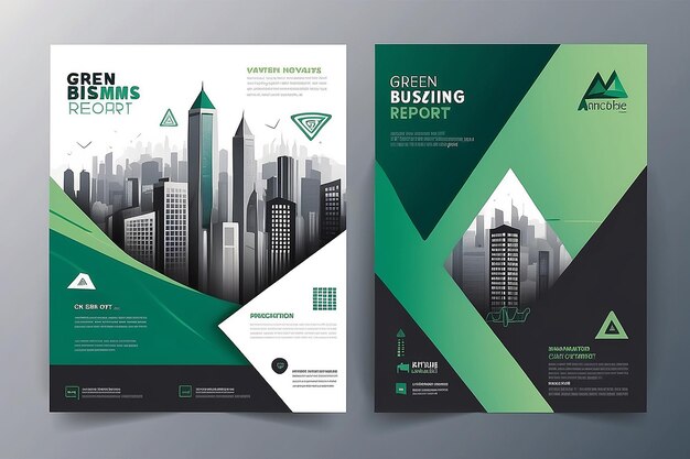 Vector flyer rapporto annuale aziendale aziendale design brochure e presentazione della copertina con triangolo verde e città