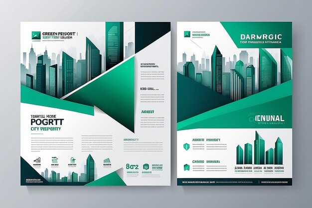 Vector flyer rapporto annuale aziendale aziendale design brochure e presentazione della copertina con triangolo verde e città