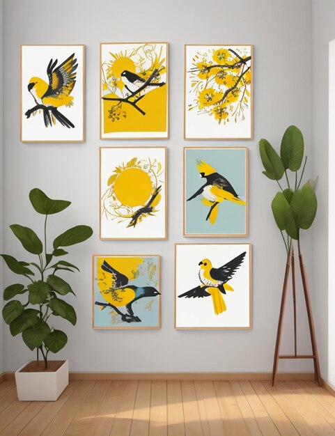 Vector natura astratta e uccelli sole giallo arte acquerello pittura murale poster e stampe