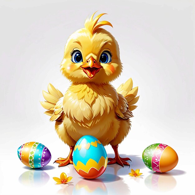 Vector pollo bambino carino e divertente con uova di Pasqua