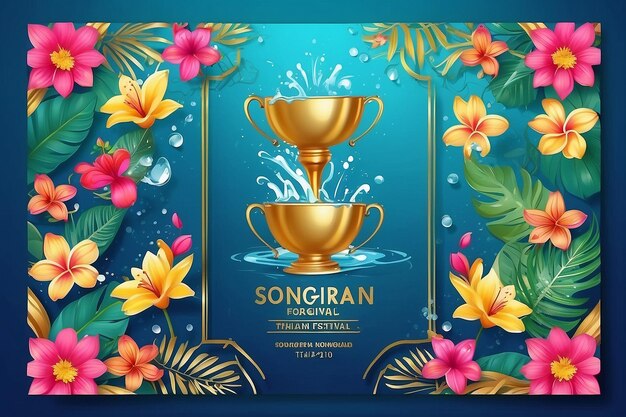 Vector Songkran festa dell'acqua della Thailandia cartellino di auguri bandiera tazza d'acqua d'oro