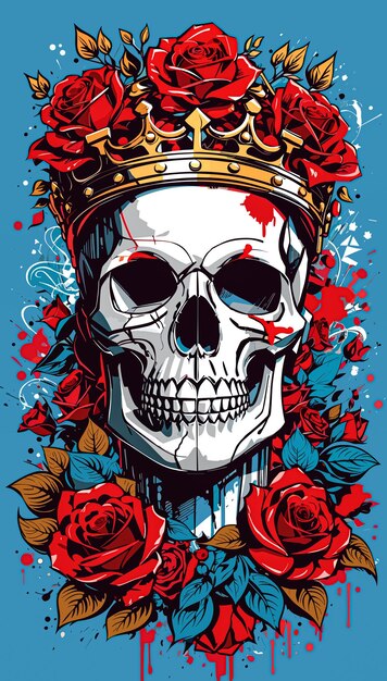 Vector Tshirt Design su teschio con corona e rose