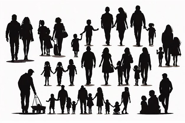 Vectori isolati silhouette nera genitori e figli famiglie