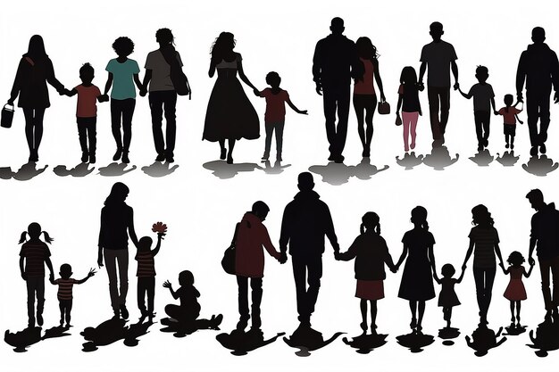 Vectori isolati silhouette nera genitori e figli famiglie