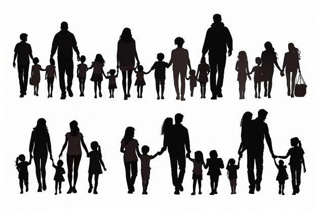 Vectori isolati silhouette nera genitori e figli famiglie