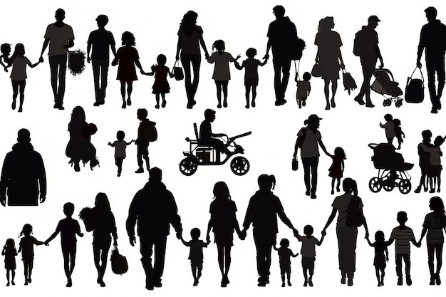 Vectori isolati silhouette nera genitori e figli famiglie