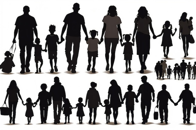 Vectori isolati silhouette nera genitori e figli famiglie