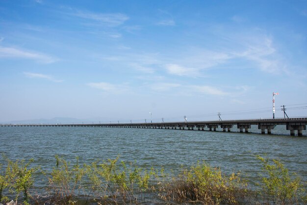 Vedere il paesaggio del serbatoio e della ferrovia galleggiante a Khuean Pasak Chonlasit Dam per attraversare il treno Pa Sak Jolasid dam inviare ricevere thailandesi viaggiatori visita di viaggio a Khok Salung a Lopburi Thailandia