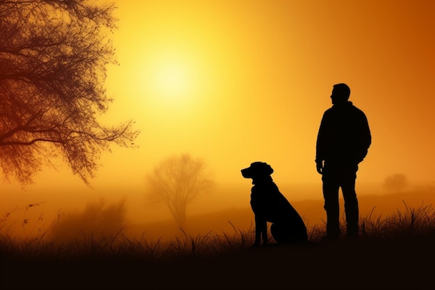 Vedi un uomo e un cane come silhouette davanti a un paesaggio autunnale