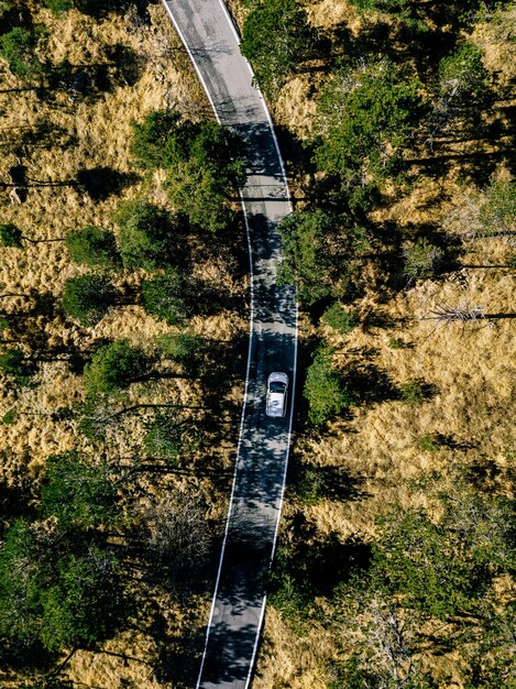 Veduta aerea dall'alto di un paesaggio rurale con una strada sinuosa e un'auto bianca in Italia Fotografia di droni