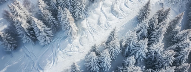 Veduta aerea degli alberi coperti di neve e delle piste da sci