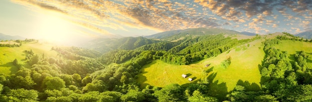 Veduta aerea degli infiniti pascoli lussureggianti delle distese dei Carpazi e dei terreni agricoli Coltivati campo agricolo Paesaggio montano rurale al tramonto Ucraina